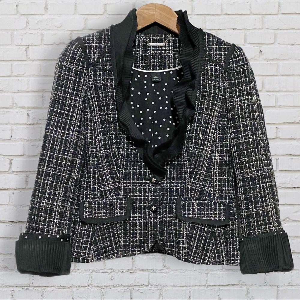 NWOT WHBM Pleated Ruffle Collar & Cuffs Tweed Plaid Blazer Women’s Size 8